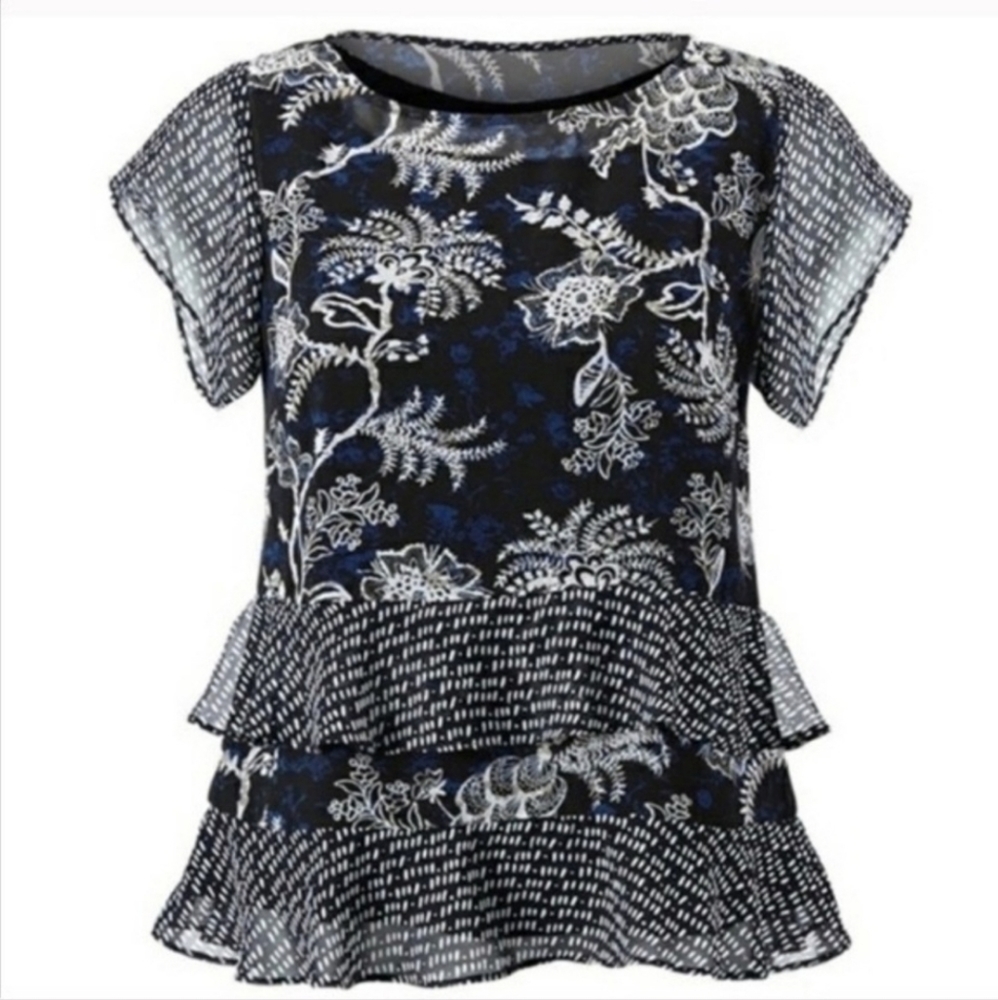 CAbi Navy and White Patterned Blouse